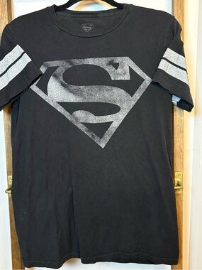 DC Comics Black Short Sleeve Superman Logo Tee with Gray Stripes